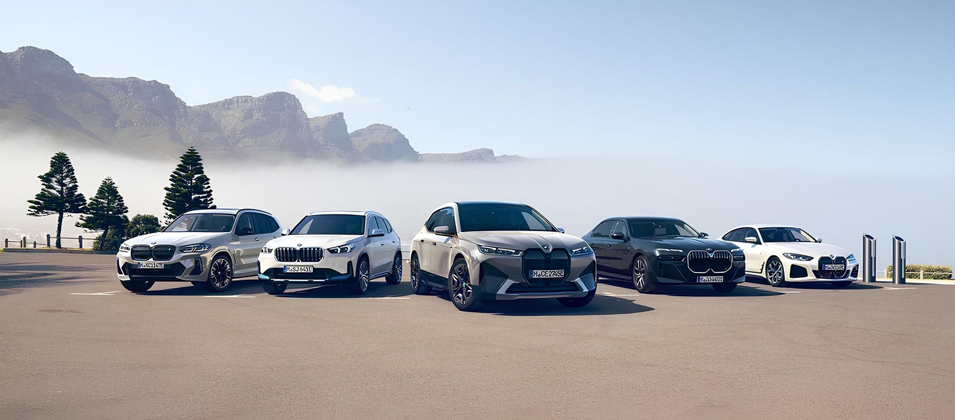 Fünf BMW-Fahrzeuge, die vor einer malerischen Bergkulisse geparkt sind